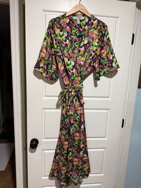 ASOS Floral Midi Wrap Dress in Pink, Green & Yellow liquorish satin